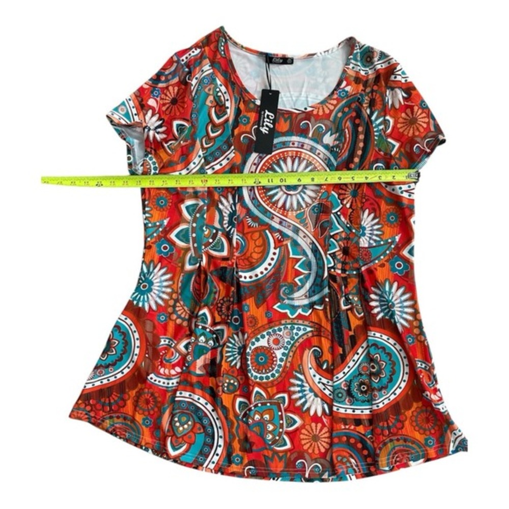 Lily By Firmiana Womens 1XL‎ Retro Paisley Tunic Short Sleeve Jersey Knit NWT